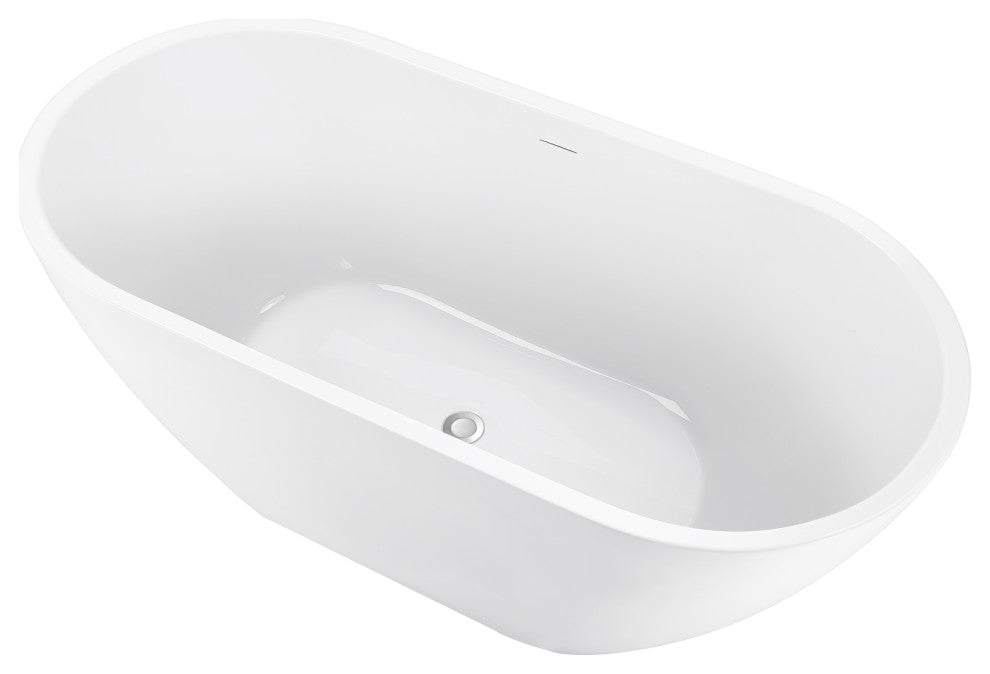 62" Acrylic Freestanding Soaking Bathtub, White, Overflow and Drain