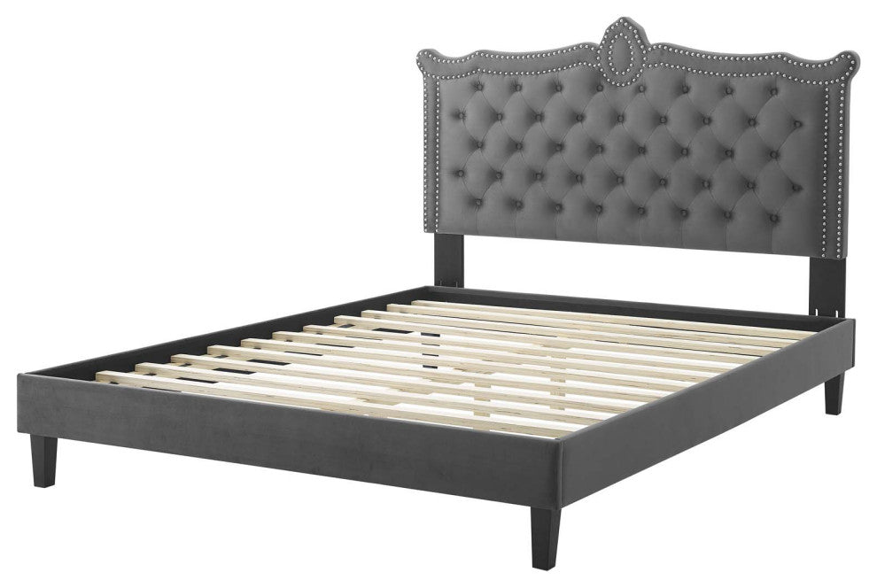 Platform Bed Frame, Nailhead, Queen Size, Charcoal Gray, Velvet, Modern