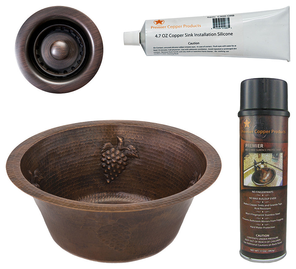 16" Round Copper Bar Sink, Grapes & 2" Drain Opening, Drain & Accessories