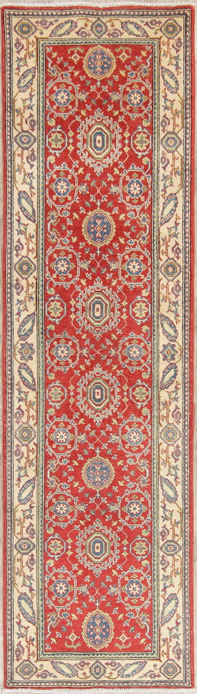 Hand Made Wool Pakistani Oriental Traditional Kazak Runner Rug, Red, 9'6"X2'8"