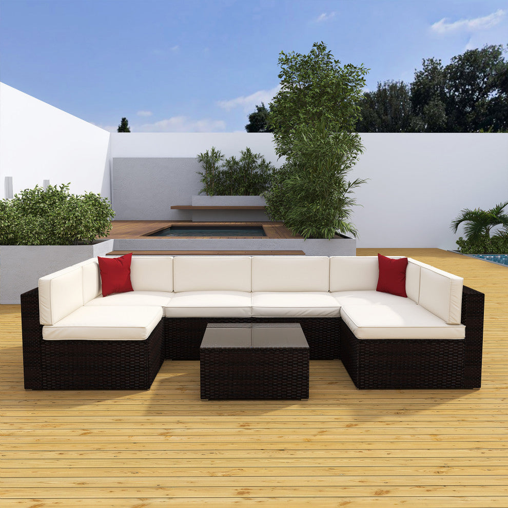 117" Wide Outdoor Wicker U-Shaped Patio Sectional With Cushions, Beige
