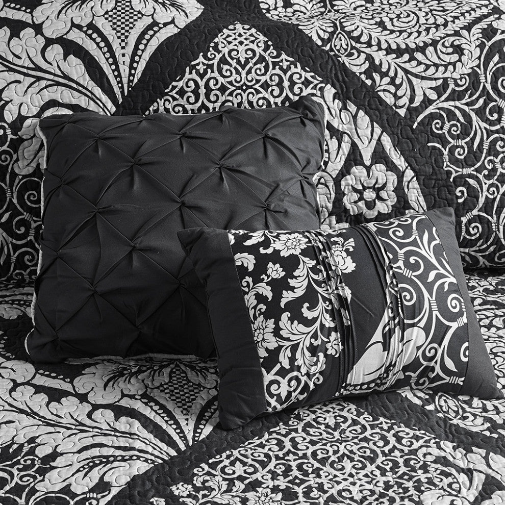 Madison Park Vienna 6 Piece Printed Cotton Quilt Set With Throw Pillows, Black