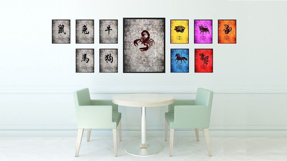 Scorpio Horoscope Astrology Black Print on Canvas with Picture Frame, 22"x29"