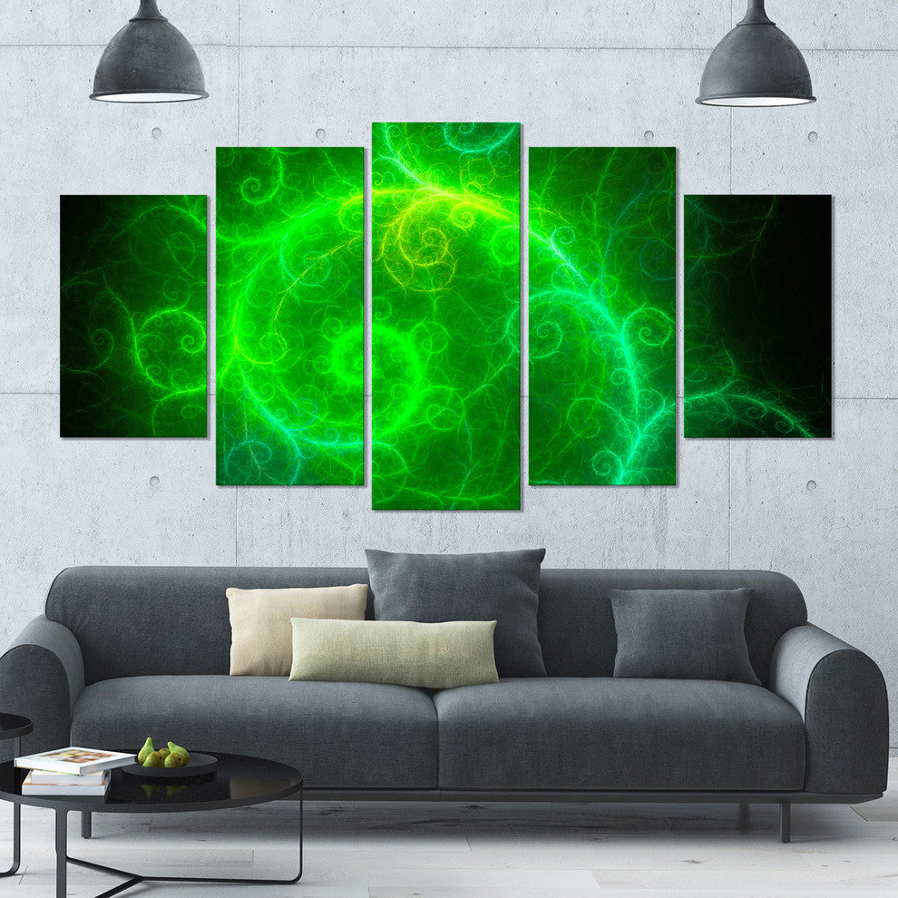 Beautiful Green Pattern on Black, Abstract Wall Art Canvas, 60"x32", 5 Panels