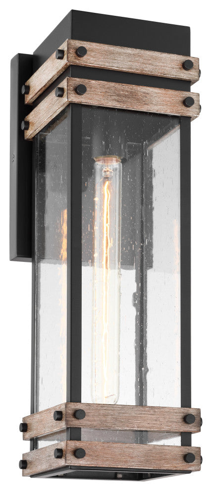 Homestead 1-Light Large Wall Lantern, Matte Black/Wood/Clear Seed
