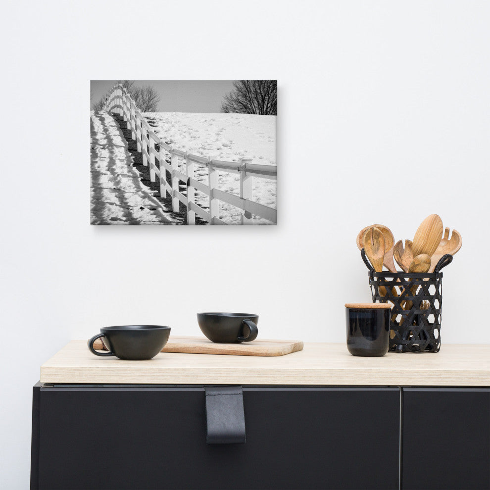 Endless Fence Rural Black & White Landscape Photo Canvas Wall Art Print, 12" X 16"