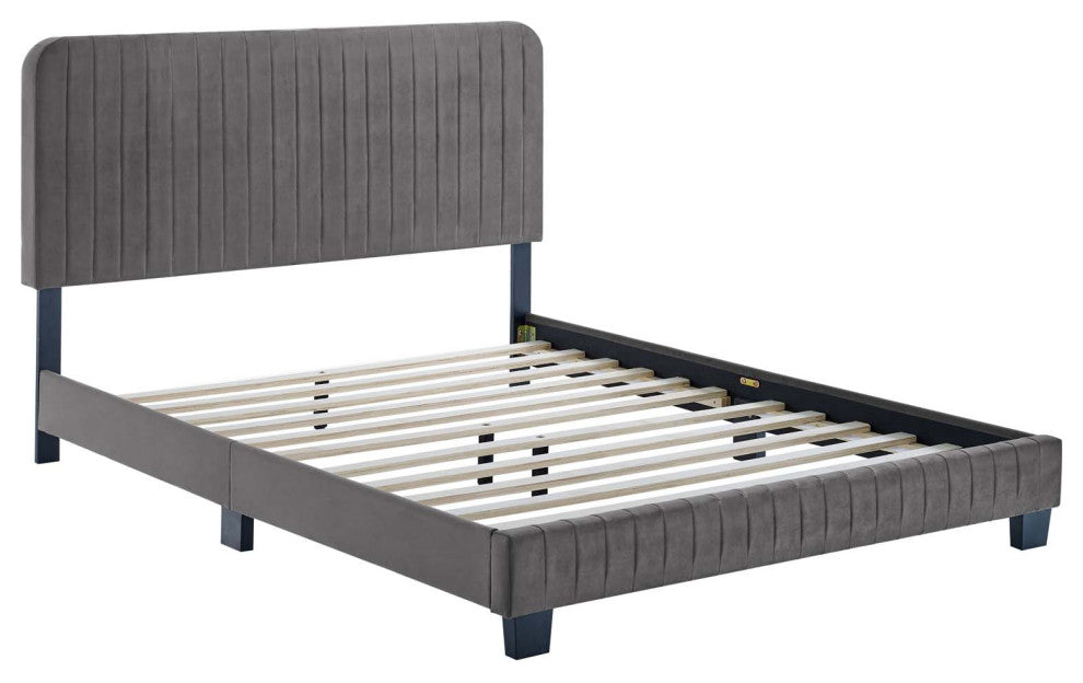 Tufted Platform Bed Frame, Twin Size, Velvet, Grey Gray, Modern Contemporary