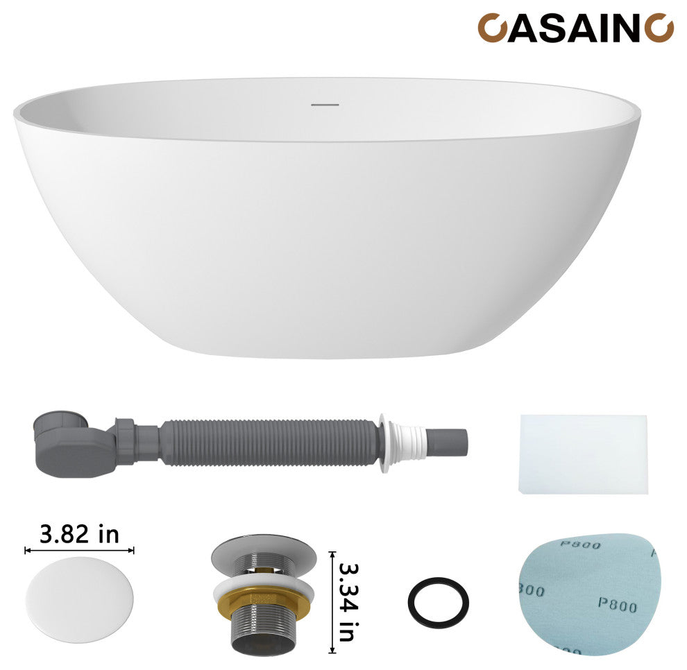 Freestanding Oval Solid Surface Stone Bathtub with Center Drain, Matte White, 59in