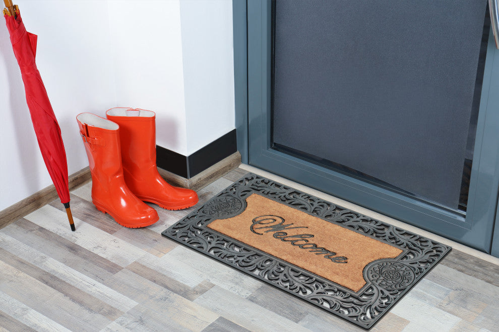 A1HC Welcome Floral Border Rubber and Coir Outdoor Doormat, 23"x38", Black