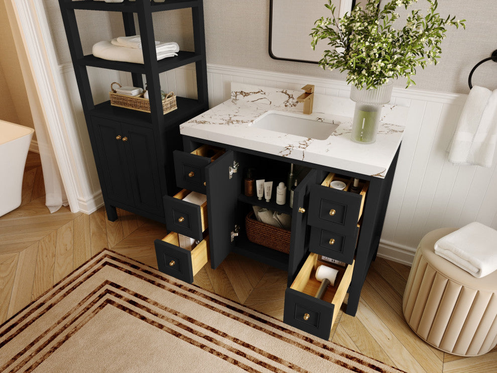 Nashville 42" Single Sink Bath Vanity, Black 2" Carrara Quartz