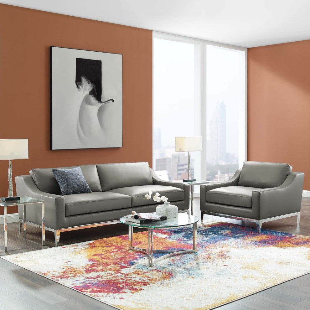 Armchair and Sofa Set, Leather, Gray, Modern, Living Lounge Hospitality