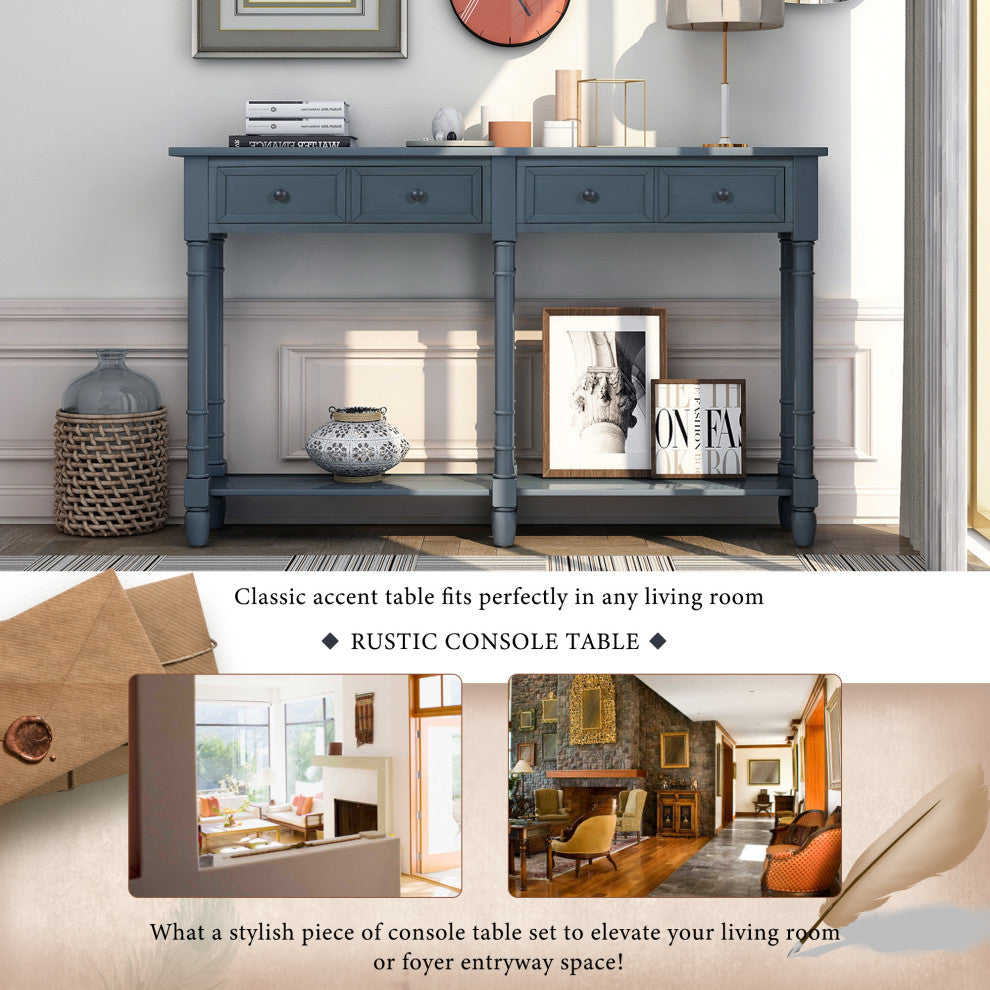 58" Two-Drawer Console Table Bottom Shelf for Living Room Antique Navy