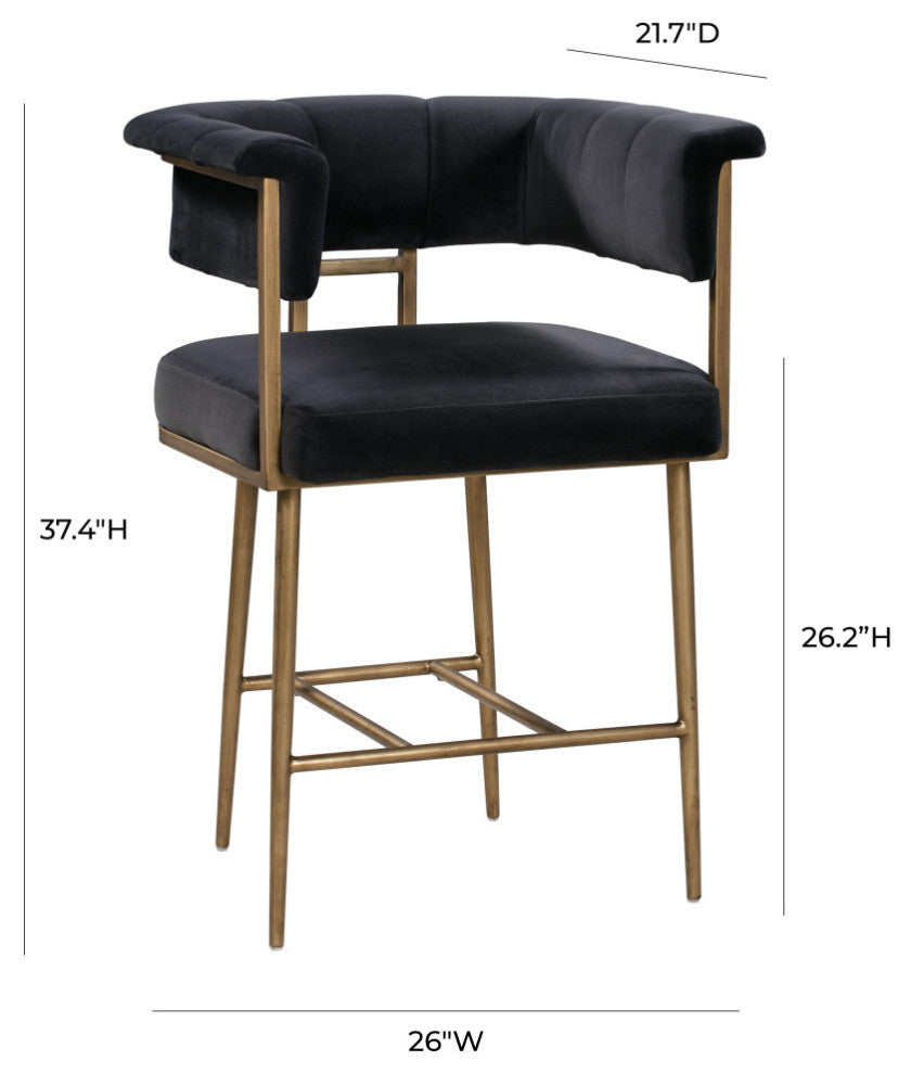 Gray Grey Velvet Counter Stool, Contemporary Modern Brass Gold Counter Stool