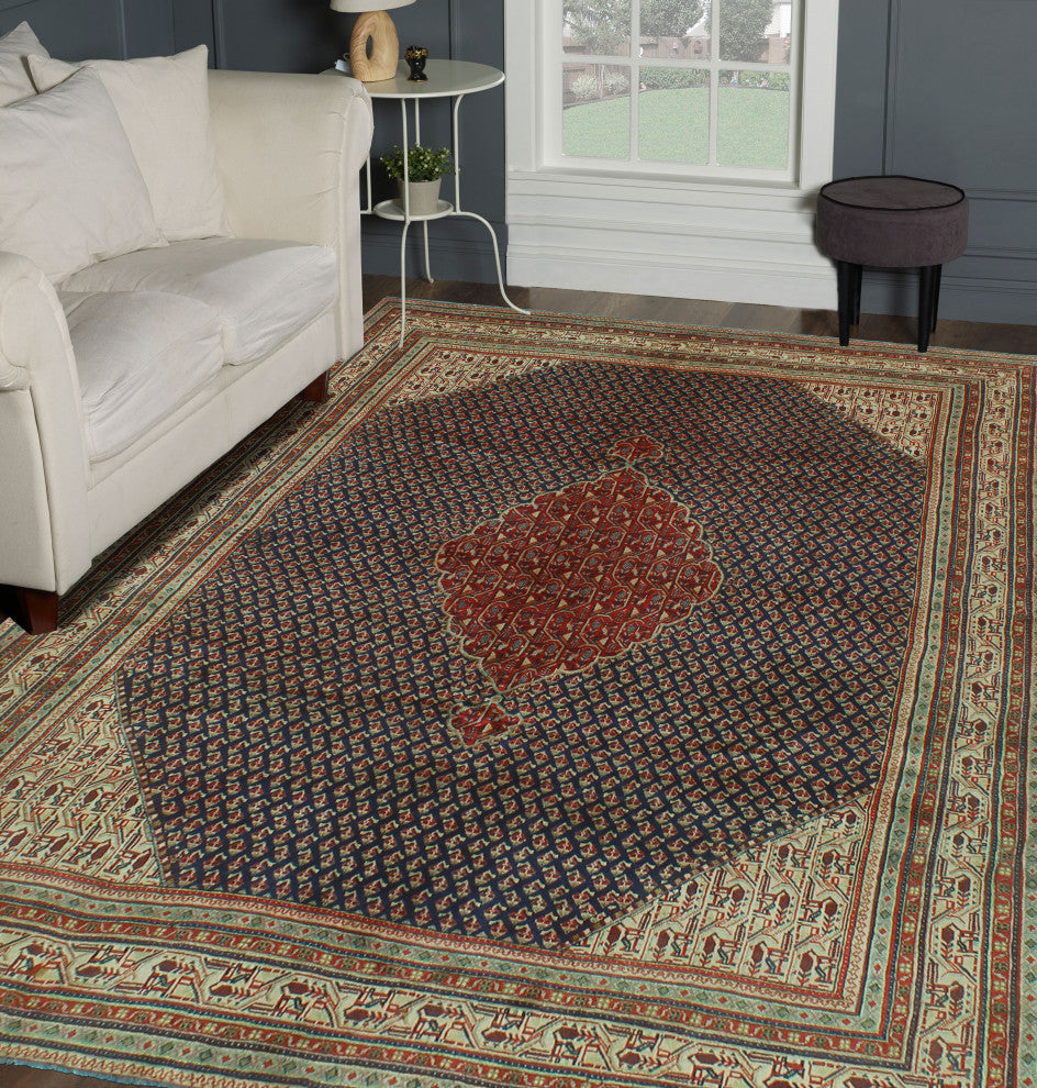 Fine Vintage Distressed Rachael Navy/Beige Rug, 7'2x10'0