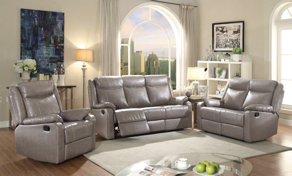 Ward 76 in. Gray Faux leather 3-Seater Reclining Sofa With Pillow Top Arm