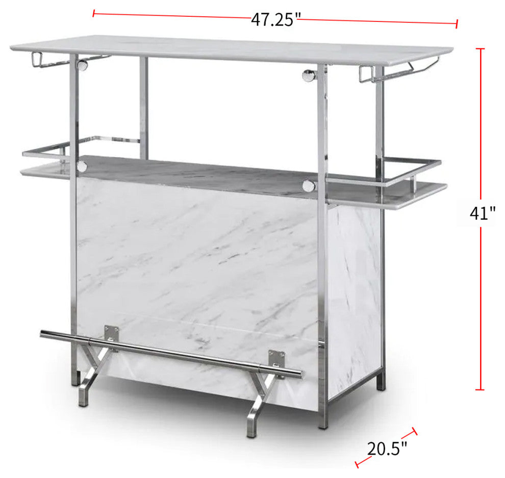 Faux Marble Bar Table With Glass Holder, White and Chrome
