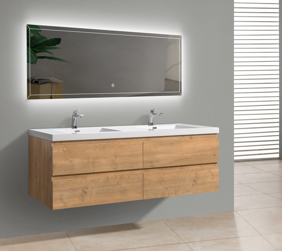 Alma-Pre 4 Drawers Wall Mount Vanity, Integrated White Sink, Natural Oak, 72"