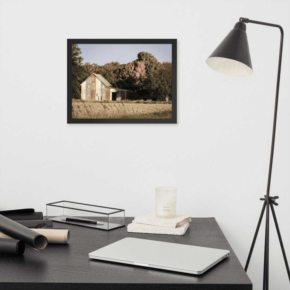 Patriotic Barn in Field Aged Effect Framed Photo Paper Wall Art Prints, Black, 12" X 16"