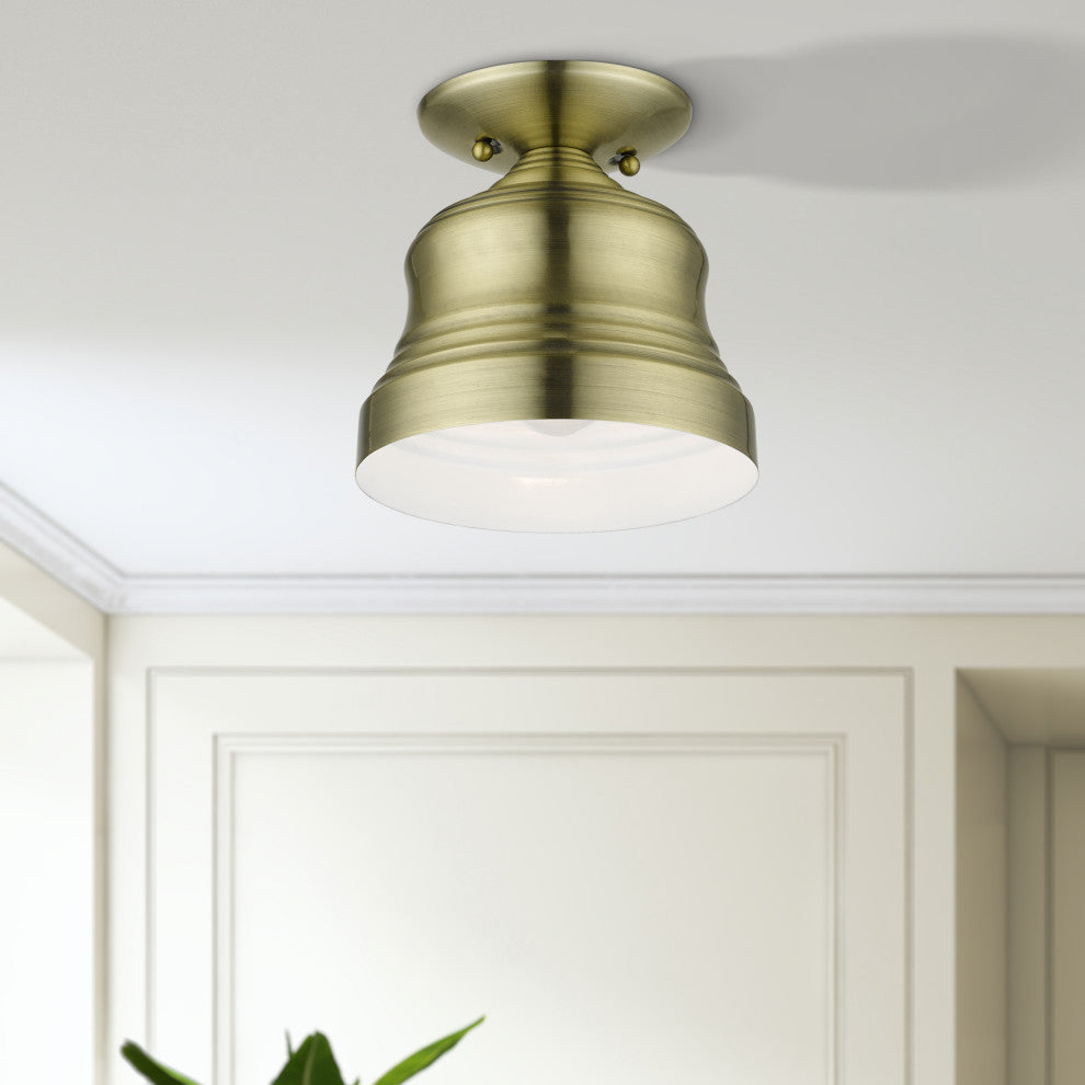 Livex Lighting Endicott 1-Light Bell Petite Bell Semi-Flush, Antique Brass/White