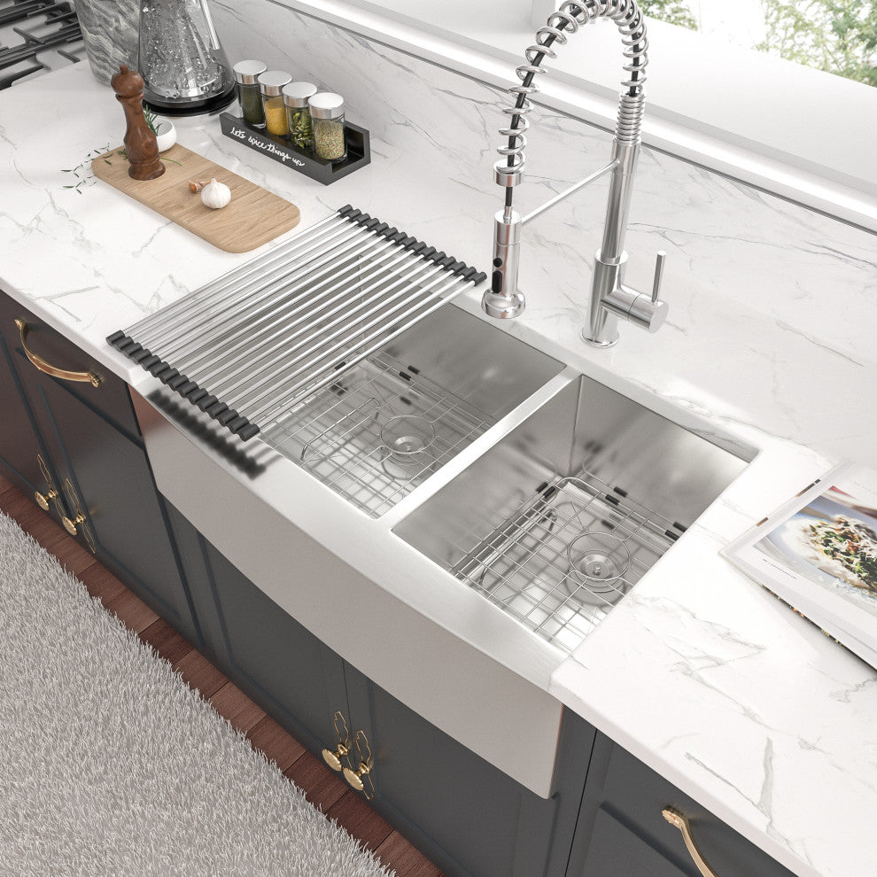 Farmhouse Apron Stainless Steel 18 Gauge Double Bowl Kitchen Sink, 36x20x9-60/40