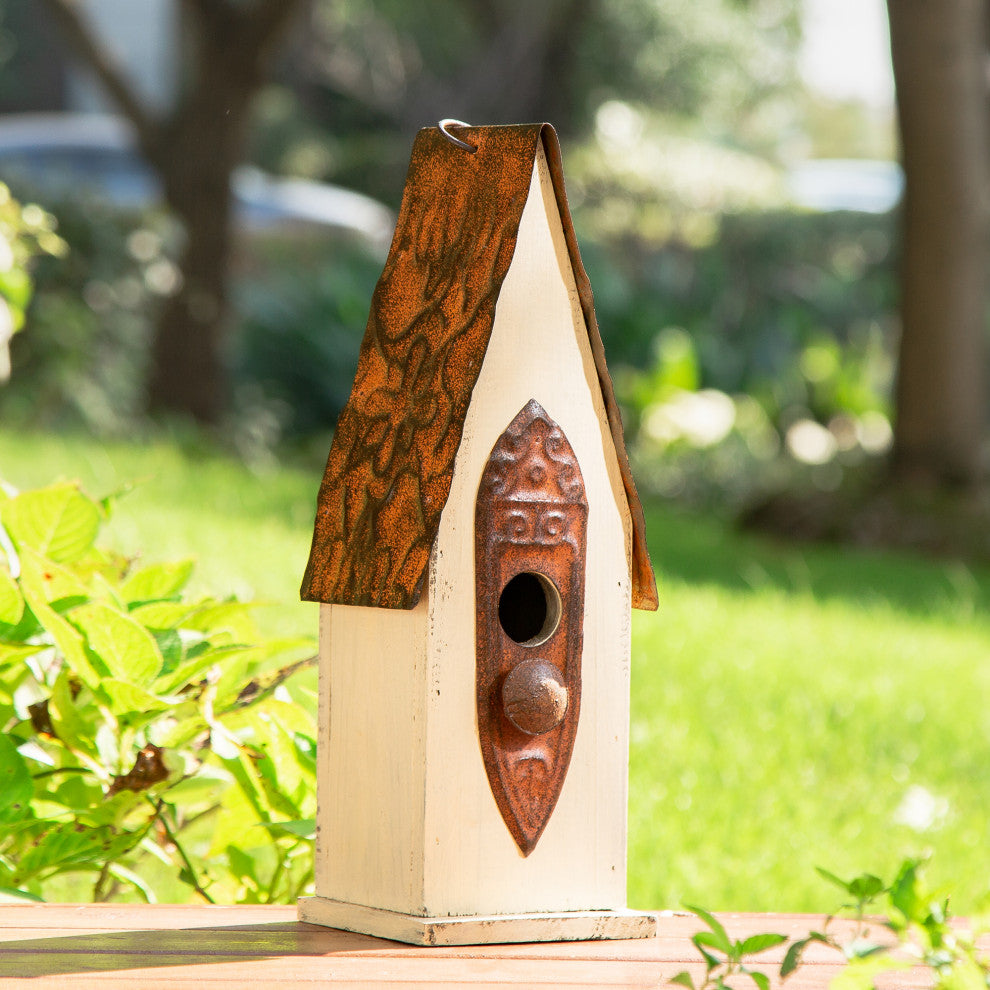 Washed White Distressed Solid Wood Birdhouse