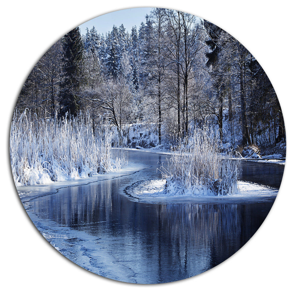 Winter Lake In Deep Forest, Landscape Disc Metal Wall Art, 36"