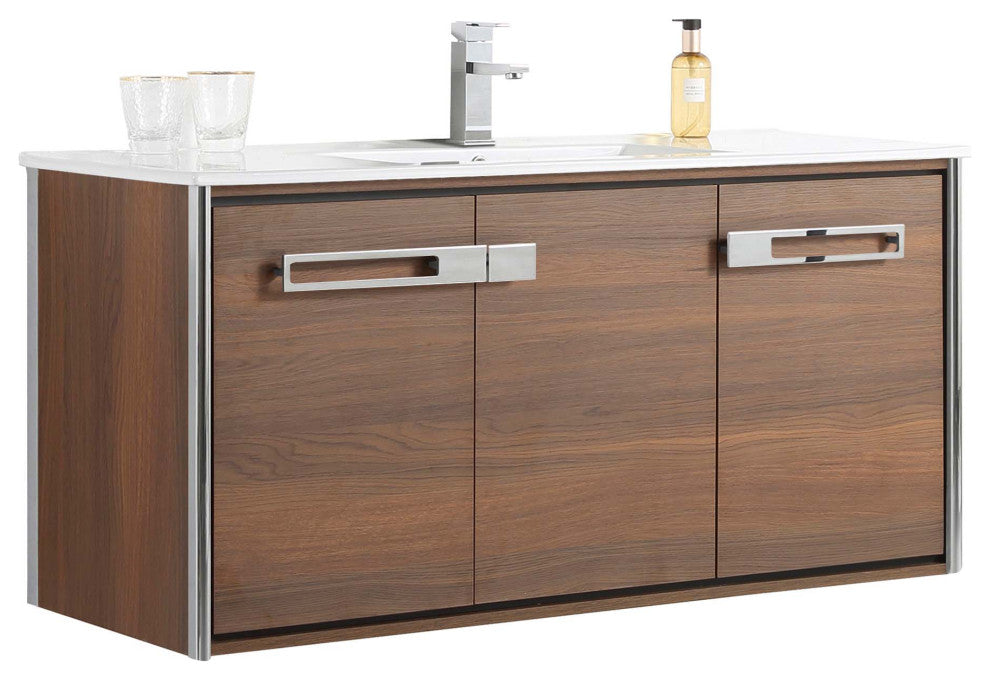 Oakville Wall Mount Bathroom Vanity, Walnut Ebony, 48", Chrome Hardware