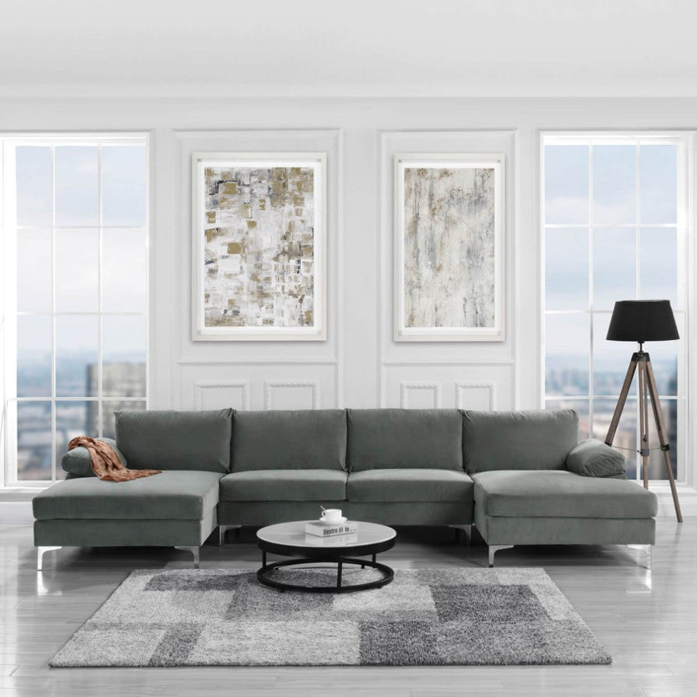 Large Velvet Fabric U-Shape Sectional Sofa, Grey