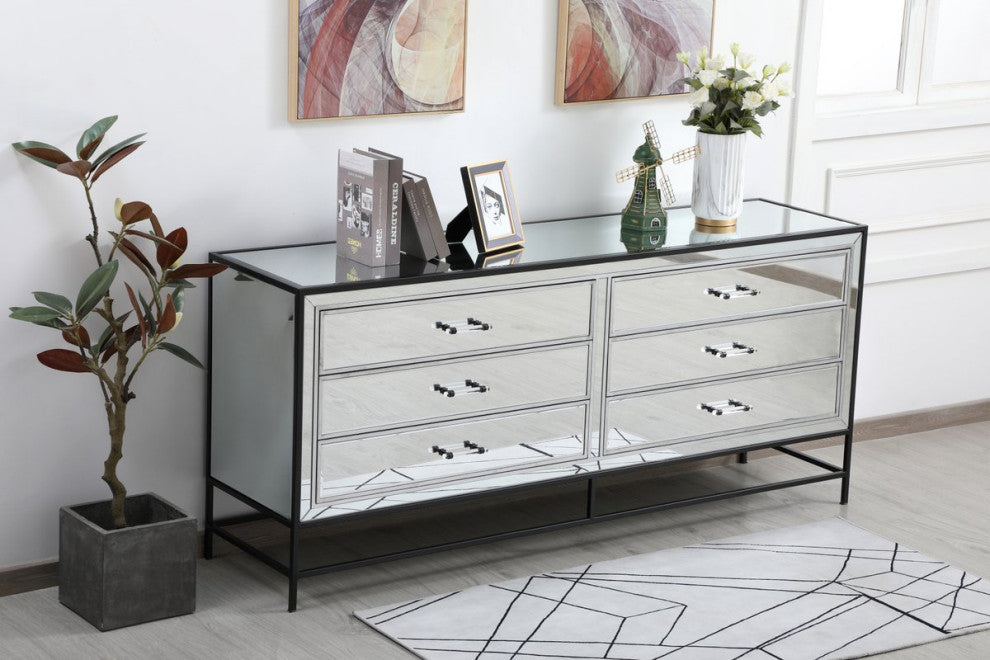 Jesse 72" Mirrored 6-Drawer Chest, Black