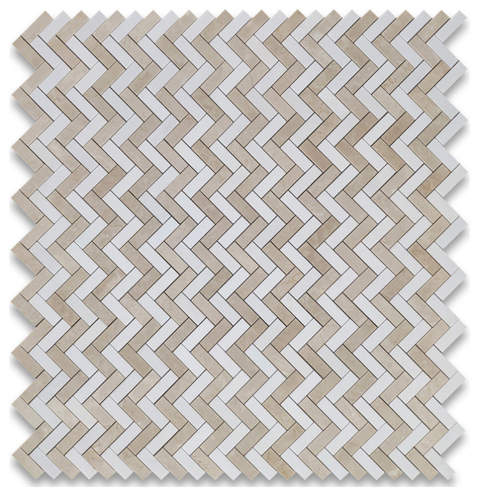 Crema Marfil Thassos White Marble 1x3 Herringbone Wall Floor Tile, 1 sheet