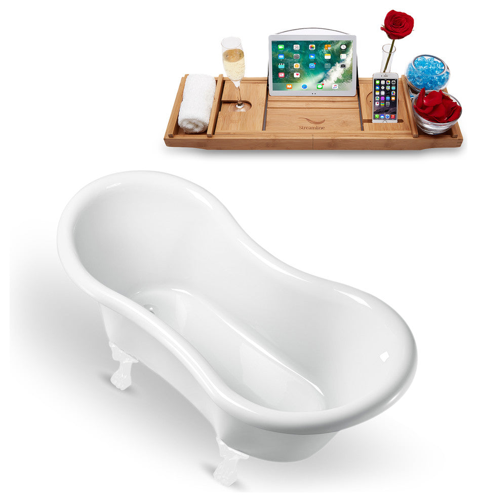 62" White Clawfoot Tub and Tray, White Feet, Chrome Internal Drain