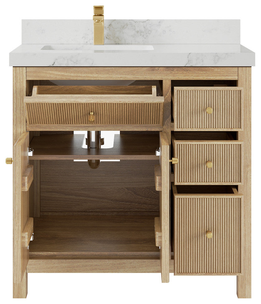 Sonoma 36 Left Offset Bath Vanity in Light Natural Teak with 2" Calacatta Nuvo