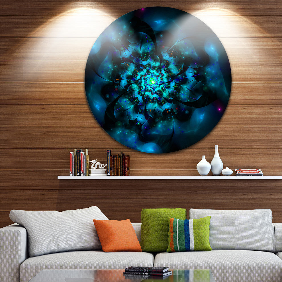 Perfect Fractal Flower In Black And Blue, Floral Disc Artwork, 11"