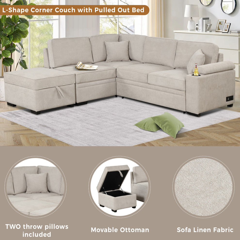 Gewnee 87.4" Sleeper Sofa Bed, 2, 1 Pull Out Sofa Bed L Shape Couch