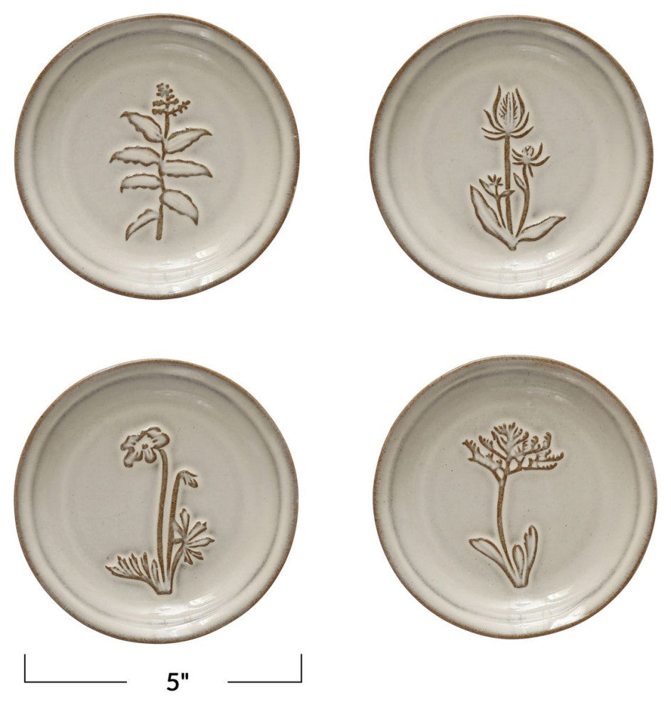 5" Round Dish, Reactive Glaze, 4 Flower Design Styles, Cream, Brown, Set of 12