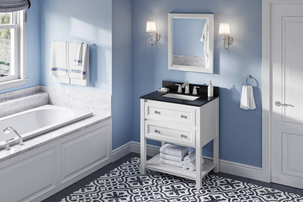 Adler Transitional 30" White Vanity, Black Granite Vanity Top