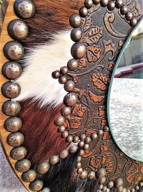 Cowhide and Leather Decorative Western Mirror, 24"