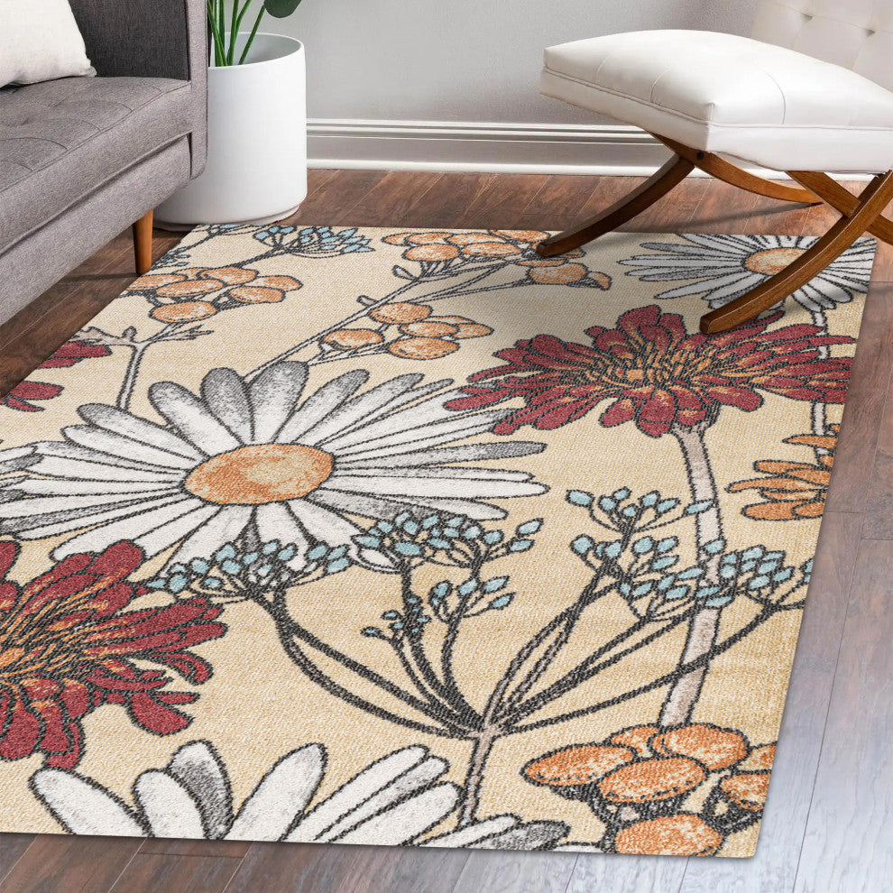 Dizi Modern Botanical Wildflower Area Rug, Yellow/Ivory/Red, 4x6