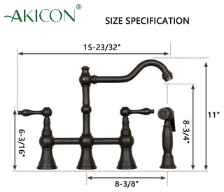 Two-Handles Copper Bridge Kitchen Faucet with Side Sprayer, Oil Rubbed Bronze