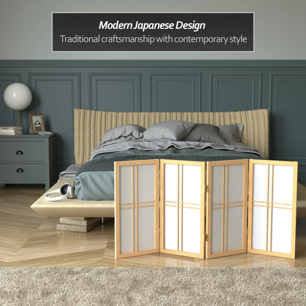 2' Tall Desktop Double Cross Shoji Screen, Natural, 4 Panels