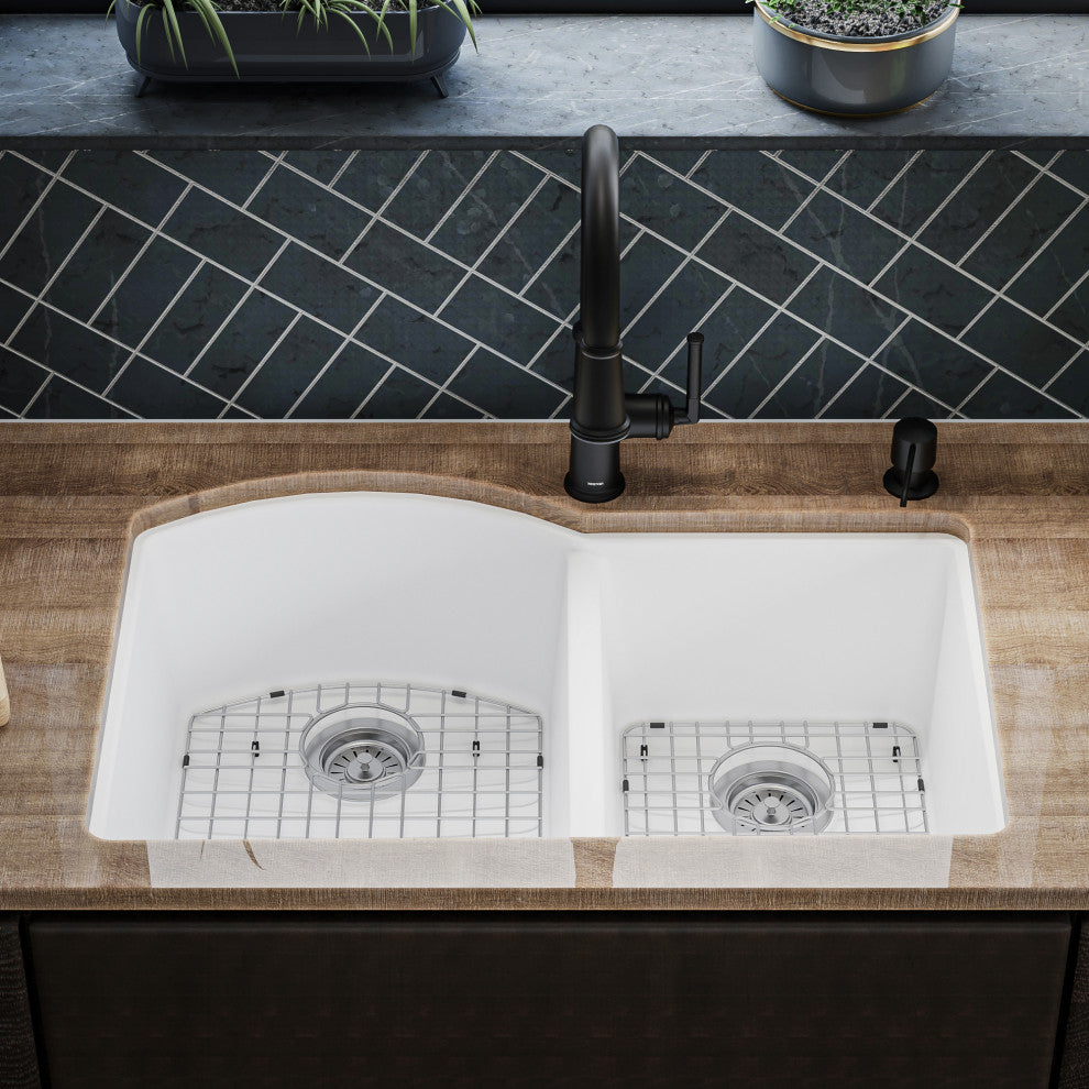 Karran Undermount Quartz 32" 60/40 Double Bowl Kitchen Sink Kit, White