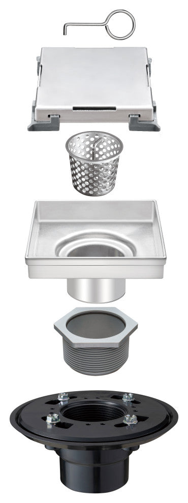 HEATGENE Square Shower Drain With Flat Cover With Base Flange, Brush, 6"