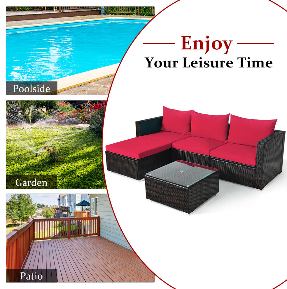 5PCS Patio Rattan Furniture Set Sectional Conversation Sofa W/ Coffee Table Red