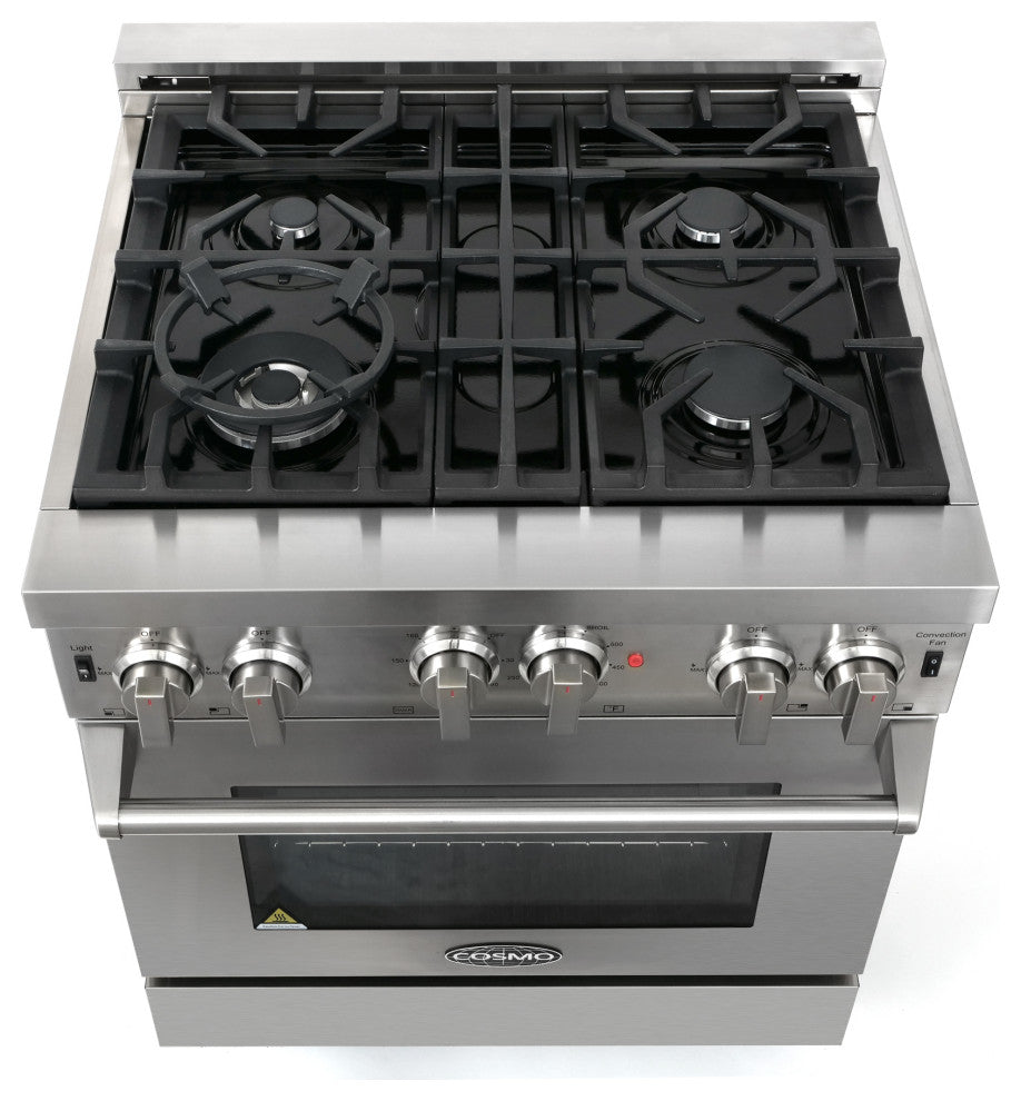 30" Gas Range 4 Piece Stainless Steel Package Range Hood Dishwasher Refrigerator