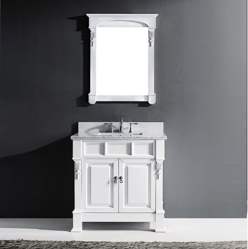 Virtu Huntshire 36" Single Bathroom Vanity, White With Faucet and Mirror