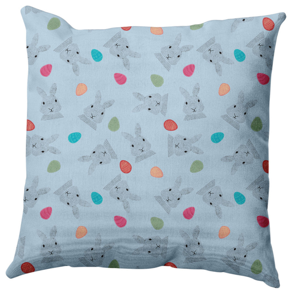 Bunnies and Eggs Easter Decorative Throw Pillow, After Rain Blue, 16x16"