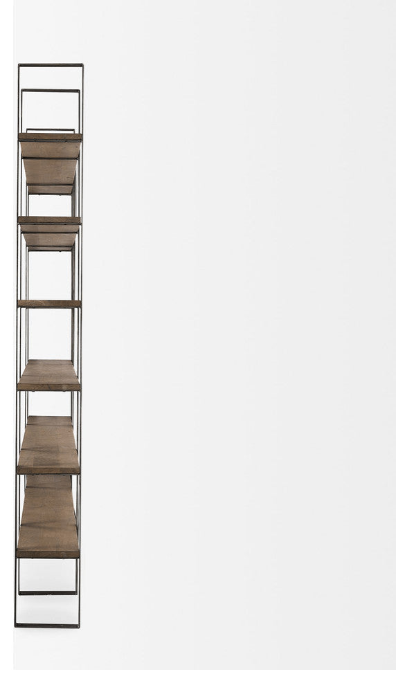 90" Brown Distressed Metal and Solid Wood Six Tier Bookcase
