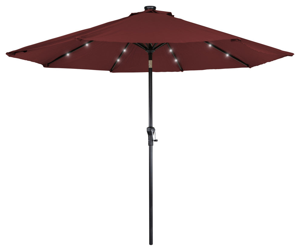 9ft Solar Lighted Outdoor Patio Umbrella With Hand Crank and Tilt Burgundy