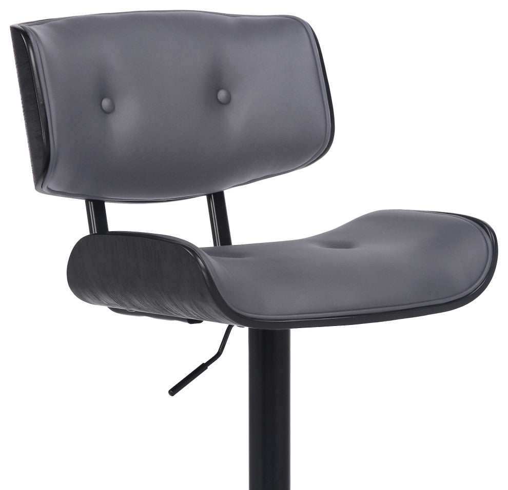 Adjustable Gray Tufted Faux Leather and Black Wood Swivel Barstool.
