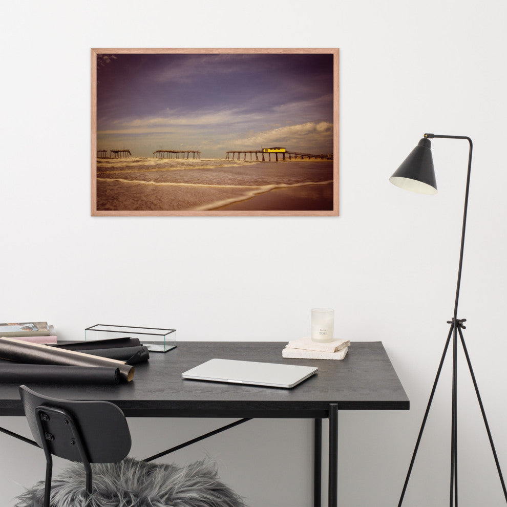 Aged View of Frisco Pier Coastal Framed Photo Paper Print, Red Oak, 24" X 36"